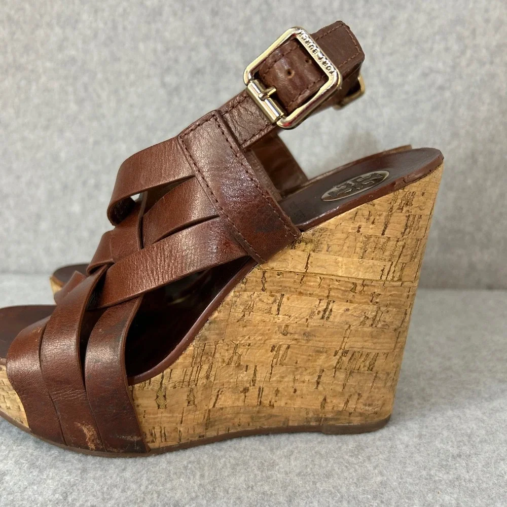 Tory Burch Ace Wedge Heels Brown Sienna Leather Strappy Cork Sandals Size‎ 7 M